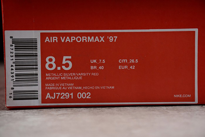 nike mens AIR VAPORMAX 97 "SILVER BULLET" metallic silver varsity red AJ7291-002